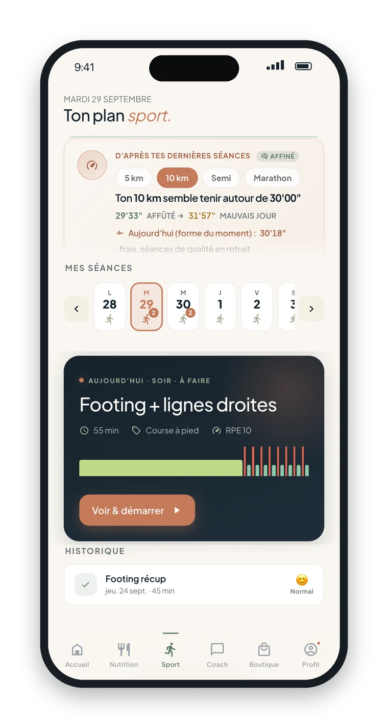 Page Sport de l'app côté sportif : l'estimation de son 10 km, sa semaine de séances et la séance du jour, Footing + lignes droites, prête à démarrer.