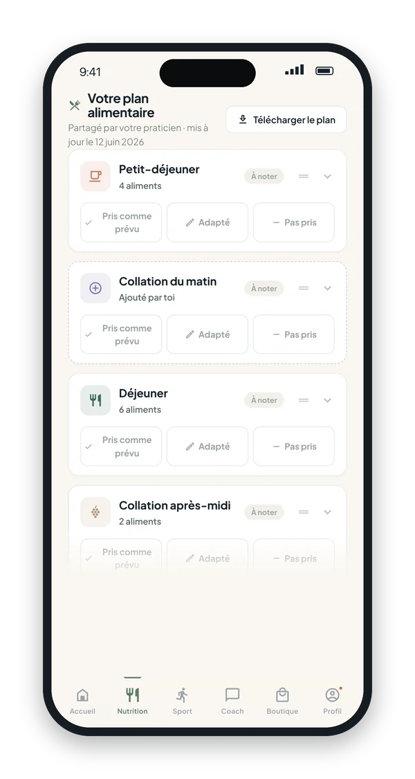 Plan alimentaire partagé par le praticien : petit-déjeuner, collations et déjeuner, chacun à cocher pris comme prévu, adapté ou pas pris.