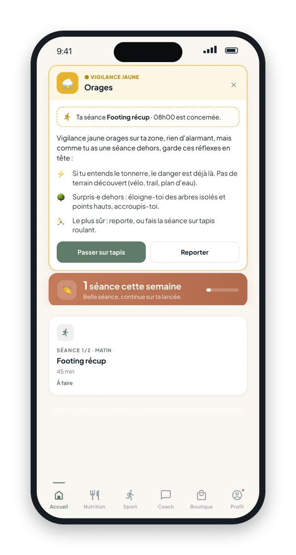 Accueil de l'app : alerte vigilance jaune orages sur la séance du matin, avec les bons réflexes et deux choix, passer sur tapis ou reporter.