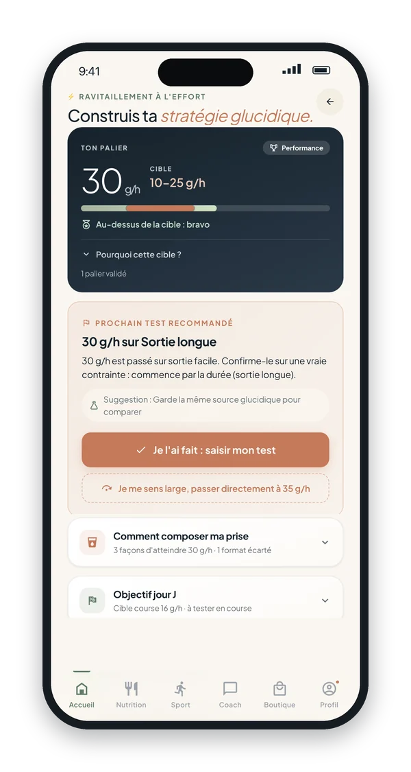 Stratégie glucidique à l'effort : palier de 30 g par heure au-dessus de la cible, et le prochain test recommandé sur sortie longue.