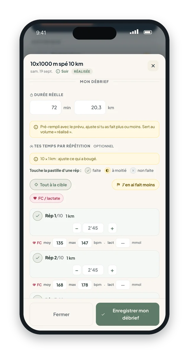Débrief de séance dans l'app patient : durée réelle 72 minutes pour 20,3 km, puis les temps par répétition avec la fréquence cardiaque moyenne et maximale.